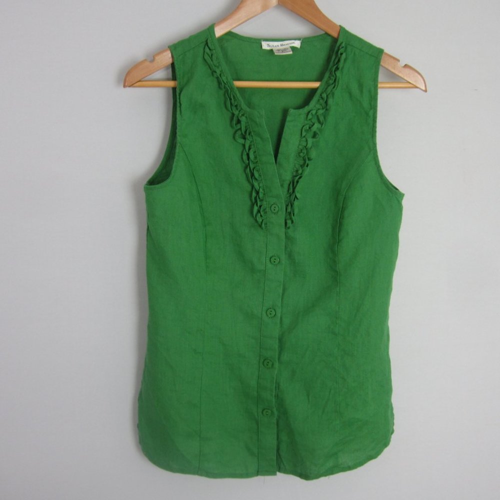 Susan Bristol Womens S Green Ruffle Front 100% Linen Sleeveless Shirt Top